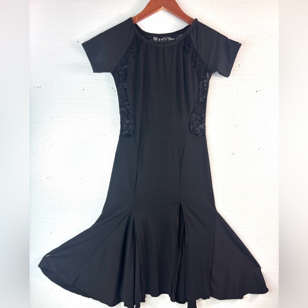 GloriaDance S Elegant Black Lace Insert Fit & Flare Dance Dress - NEW